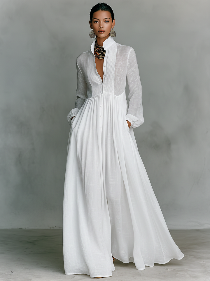 Women's Minimalist Patchwork Single-breasted Stand-up Collar Long-sleeved Maxi Dress