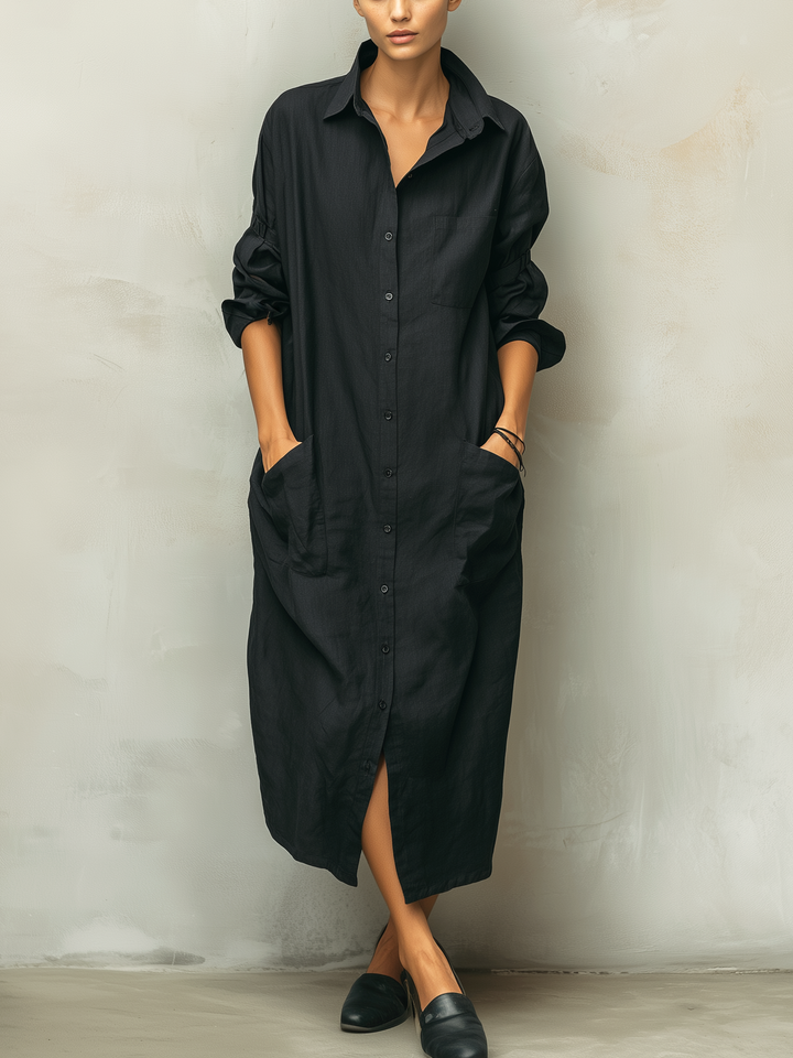 Women's Casual Black Cotton Linen Blend Shirt Collar Long Sleeve Dress