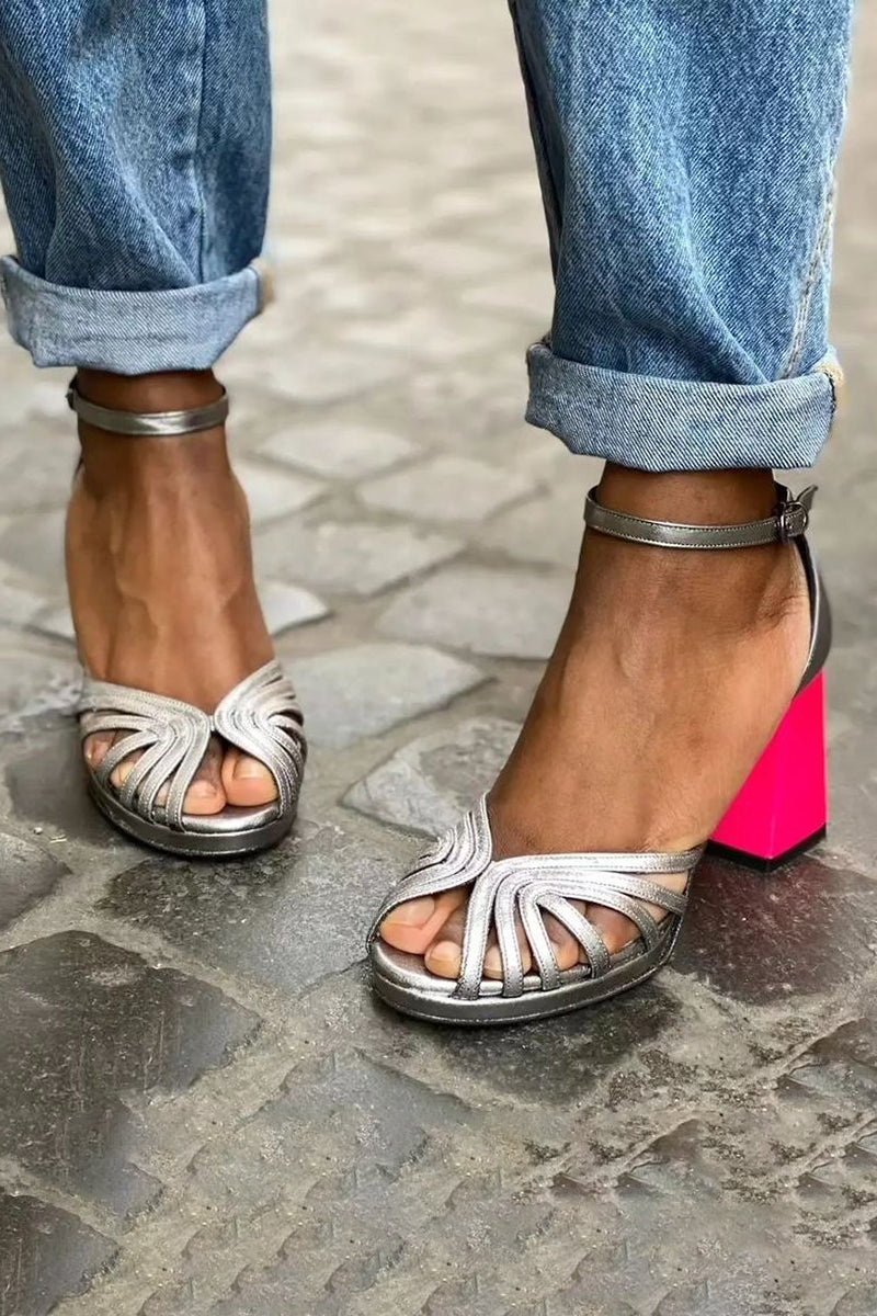 Women's Colorful Shiny Sandals with Buckle and Thick Heel