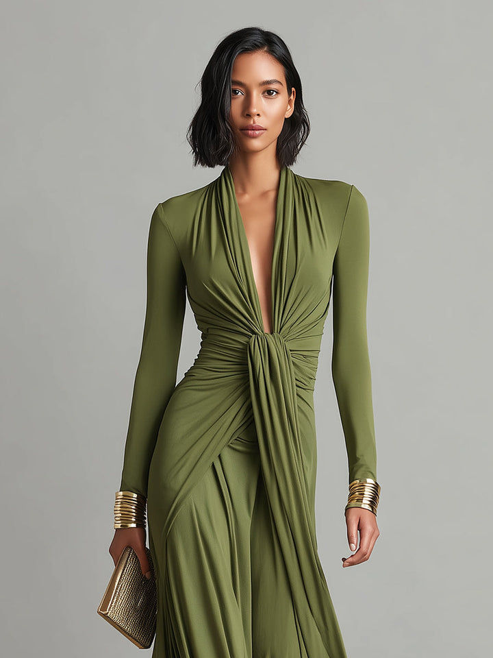 Women's Olive Silky Stretchy Dress With Deep V-Neck & Ruched Detail, Glamorous Maxi Dress