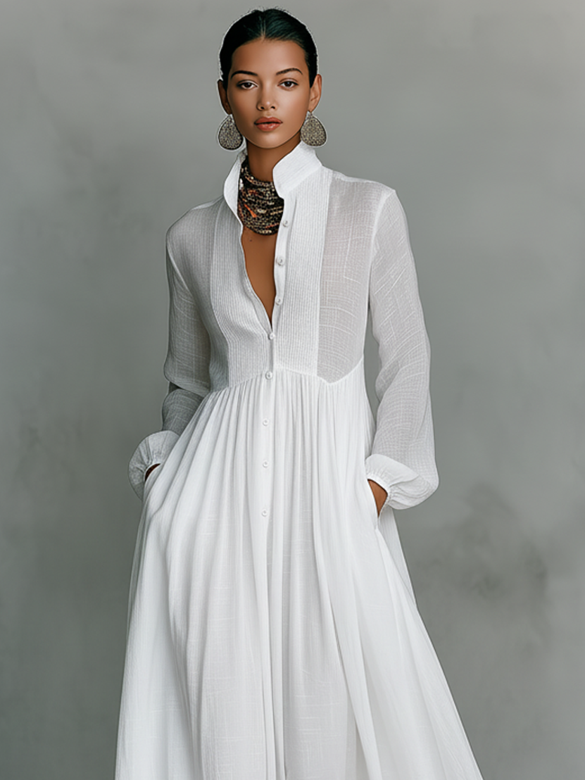 Women's Minimalist Patchwork Single-breasted Stand-up Collar Long-sleeved Maxi Dress