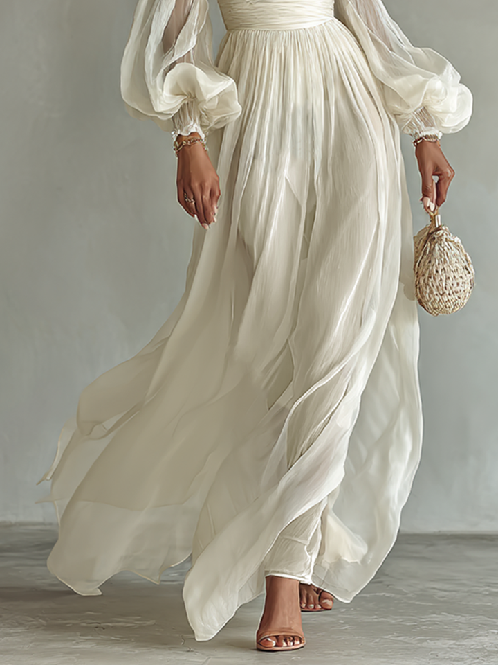 Women's Soft Fabric Square Neck Long Sleeve Waist Maxi Dress