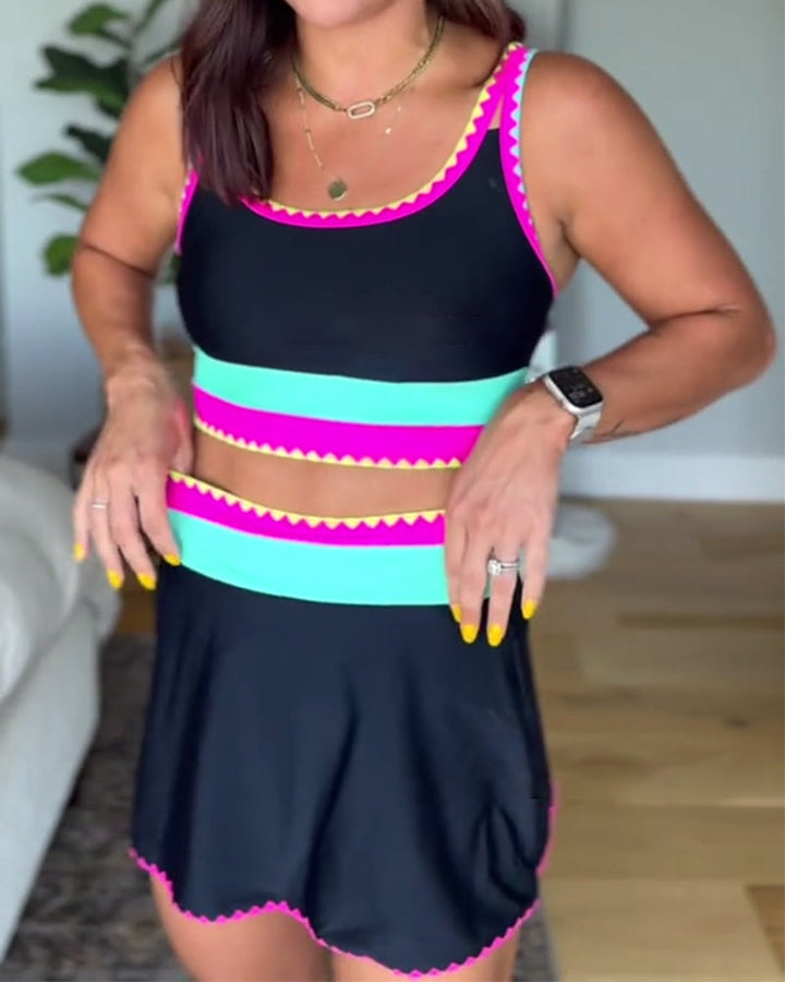 Crystal | Color Block Three Piece Swimsuit with Skirt and Contrast Trim