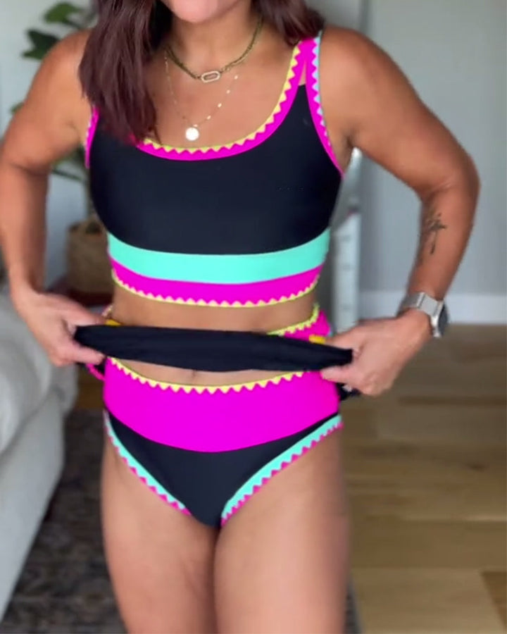 Crystal | Color Block Three Piece Swimsuit with Skirt and Contrast Trim