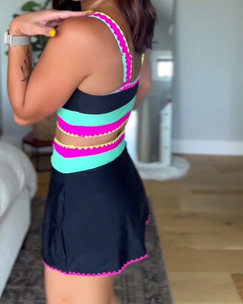 Crystal | Color Block Three Piece Swimsuit with Skirt and Contrast Trim