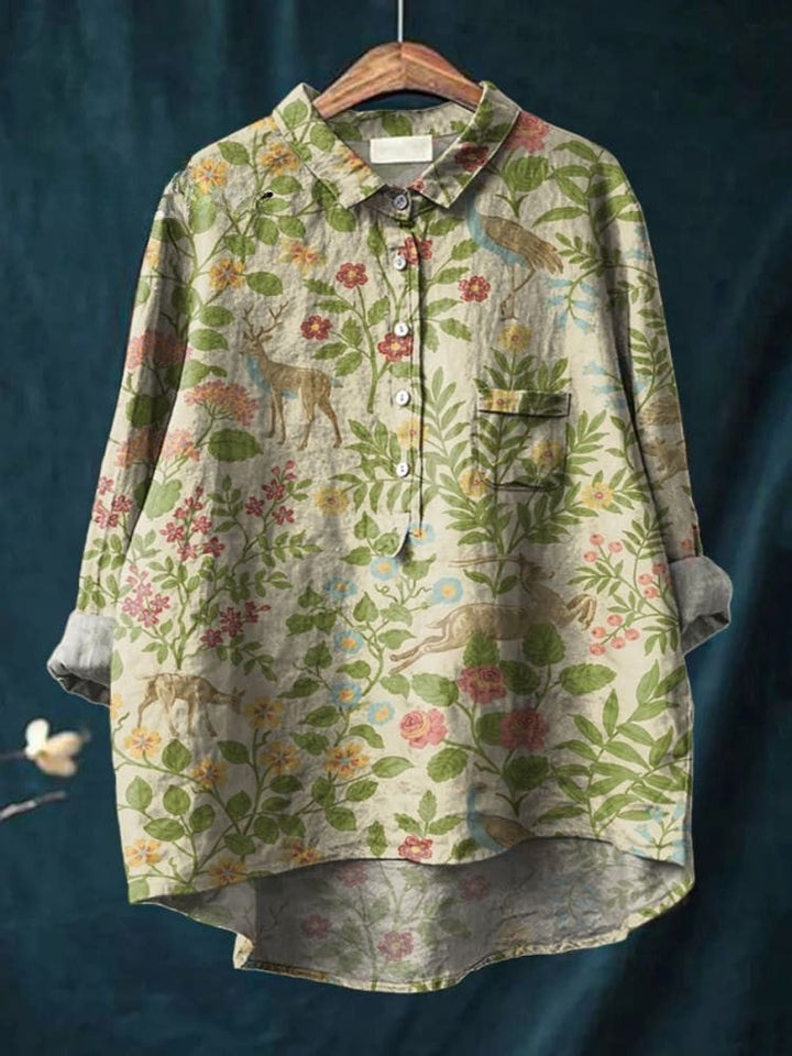 Women's Vintage Floral Animal Art Print Casual Blouse