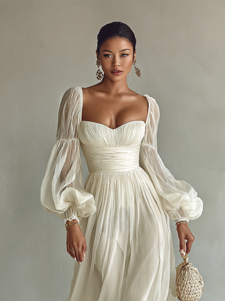 Women's Soft Fabric Square Neck Long Sleeve Waist Maxi Dress