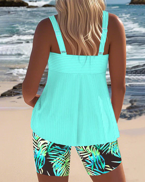 Dominique | Tankini Swimsuit Set with Crossover Front and Tropical Print Shorts