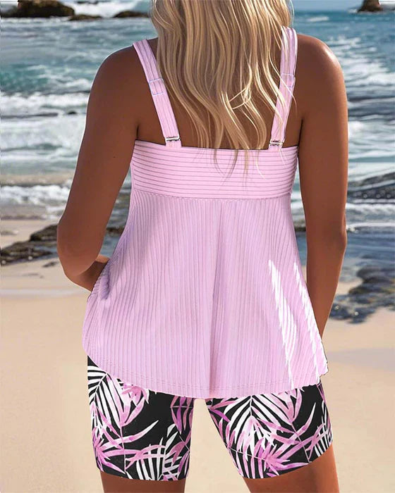 Dominique | Tankini Swimsuit Set with Crossover Front and Tropical Print Shorts