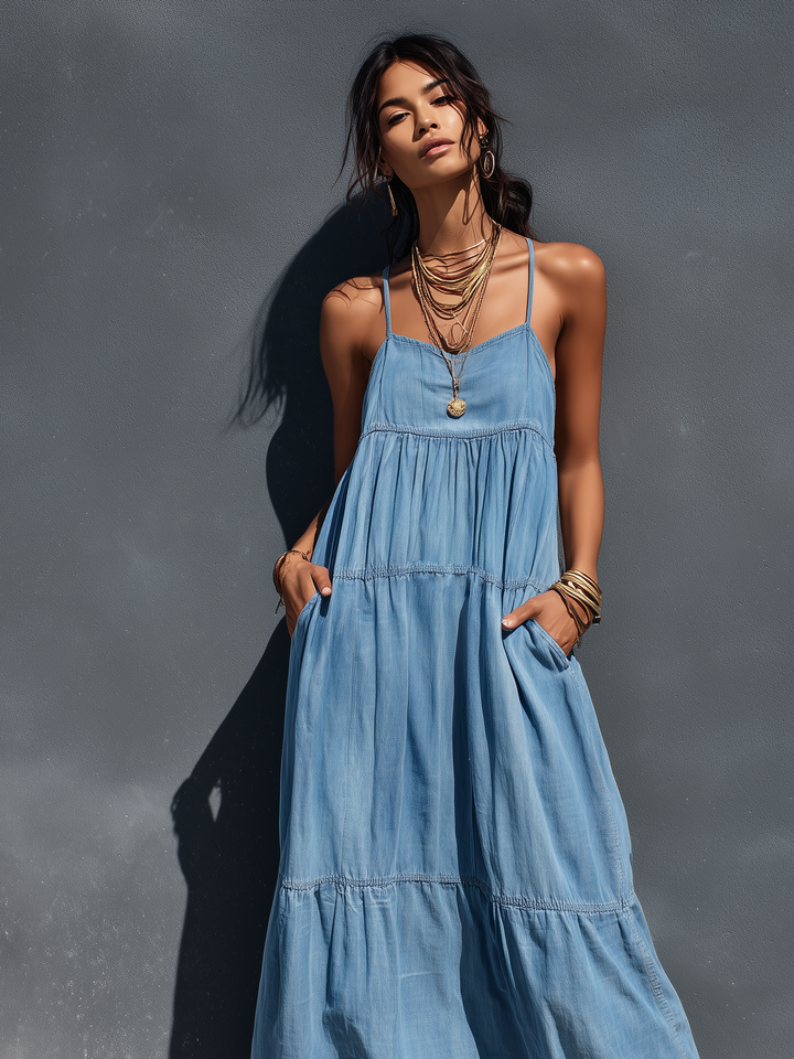 Women's Casual Blue Stretch Denim Loose-fitting Suspender Maxi Dress