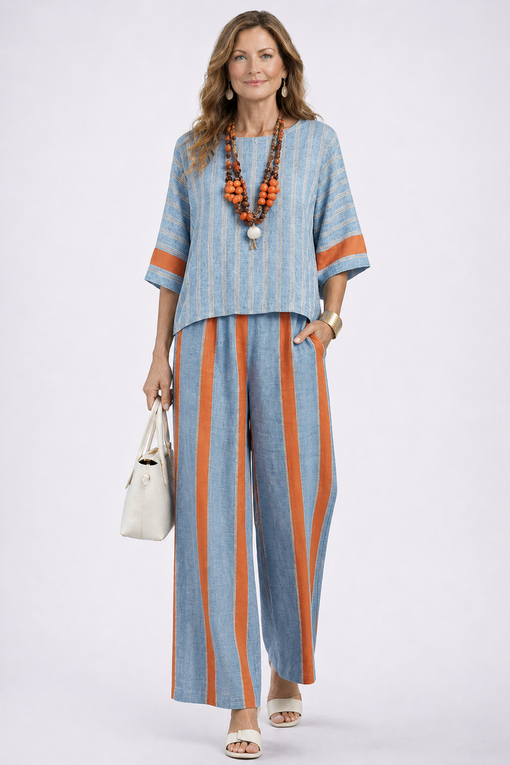 Velmere | Sophisticated Terracotta Striped Top & Linen Pants