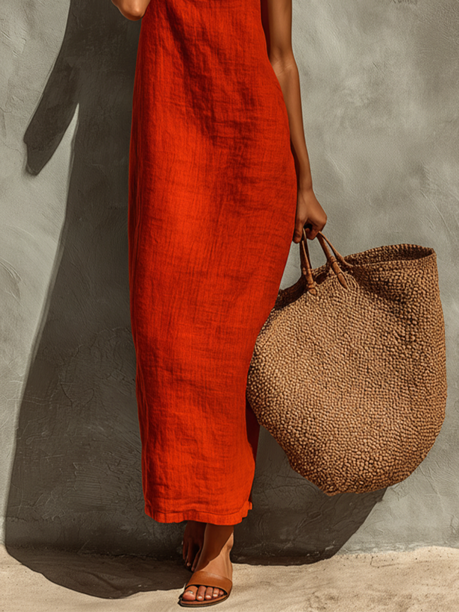 Women's Red Linen Dress With Spaghetti Straps & Square Neck, Timeless Boho-Resort Style Dress