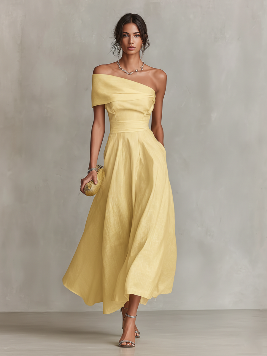 Women's Yellow Soft Dress With One-Shoulder Neckline & Fitted Waist, Timeless Elegant-Chic Style Dress