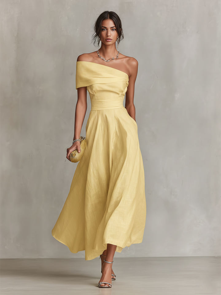 Women's Yellow Soft Dress With One-Shoulder Neckline & Fitted Waist, Timeless Elegant-Chic Style Dress