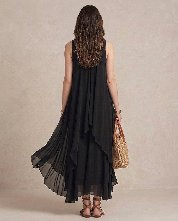 NOEMI | Maxi Boho Layered Chiffon Dress Black