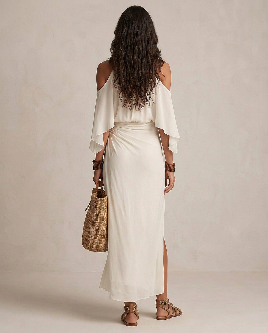 VALENTINA | Ivory Draped Halter Midi Dress