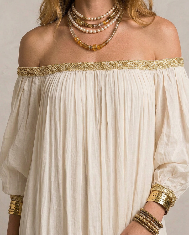 ISABELLA | Ivory Boho Plissé Maxi Dress