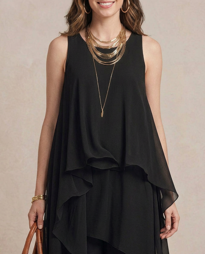 NOEMI | Maxi Boho Layered Chiffon Dress Black