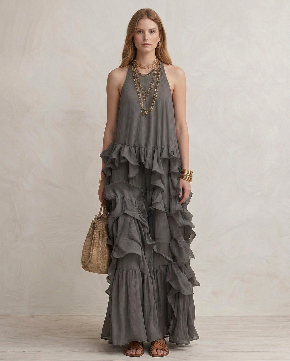 SERENA | Gray Maxi Dress with Ruffles