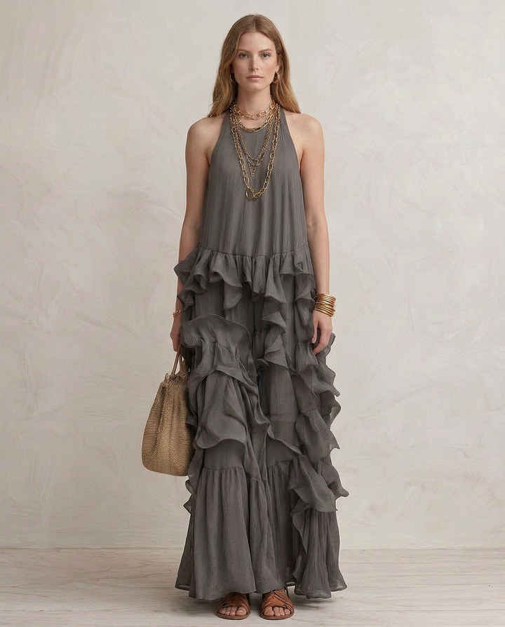 SERENA | Gray Maxi Dress with Ruffles