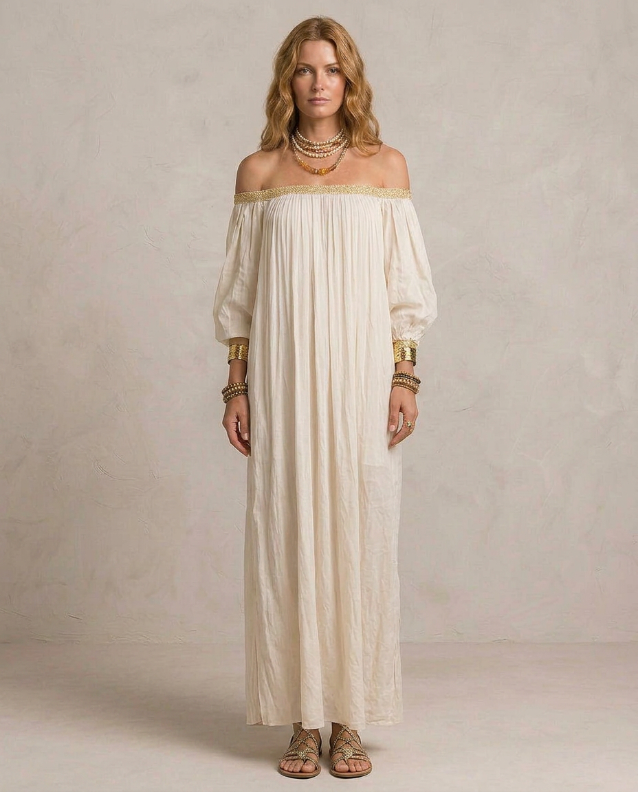 ISABELLA | Ivory Boho Plissé Maxi Dress