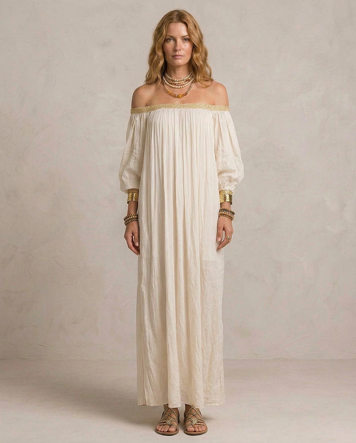 ISABELLA | Ivory Boho Plissé Maxi Dress