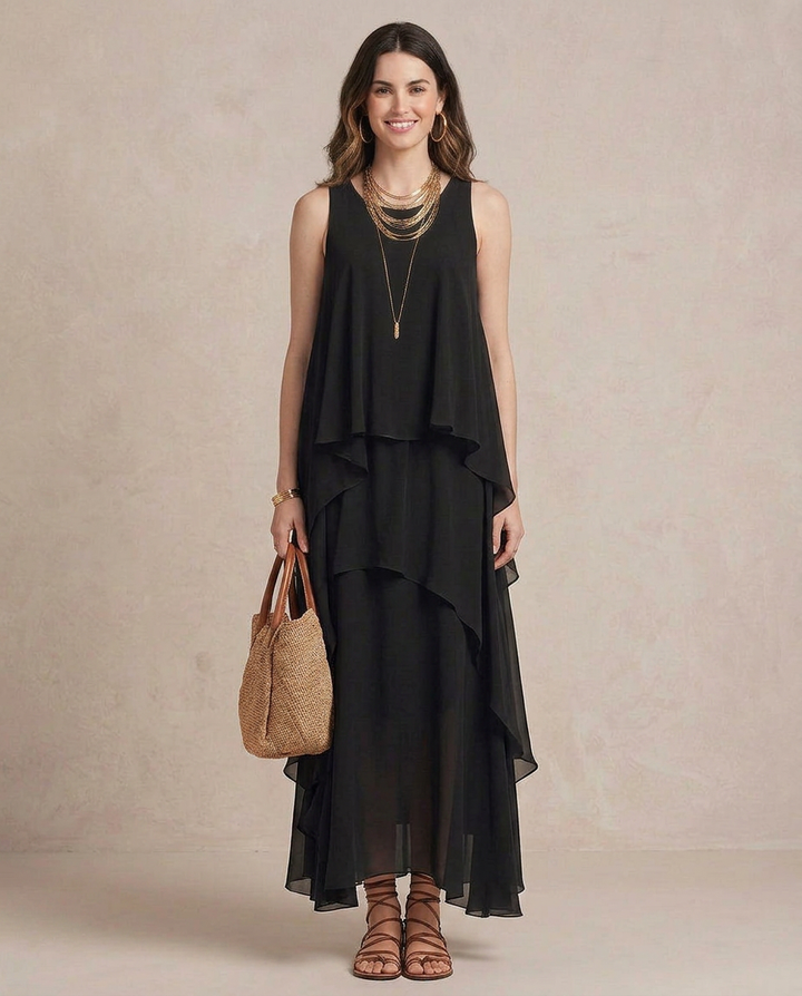 NOEMI | Maxi Boho Layered Chiffon Dress Black