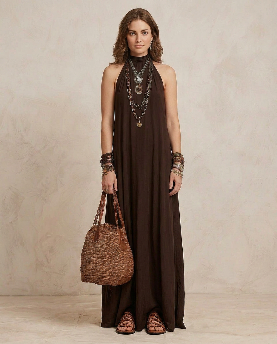 CAMILLA | Dark Brown Maxi Halter Dress