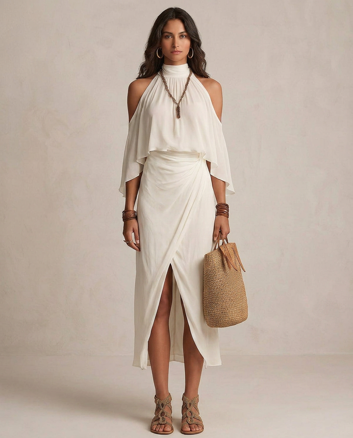 VALENTINA | Ivory Draped Halter Midi Dress