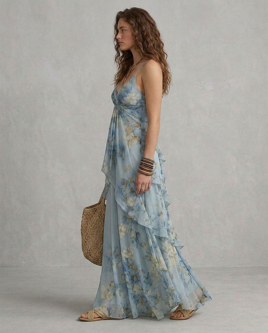 ELISA | Maxi Slip Dress Floral Blue