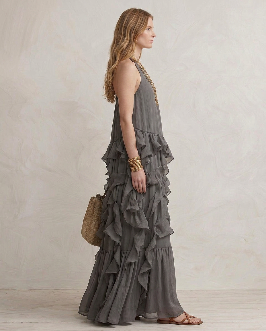 SERENA | Gray Maxi Dress with Ruffles
