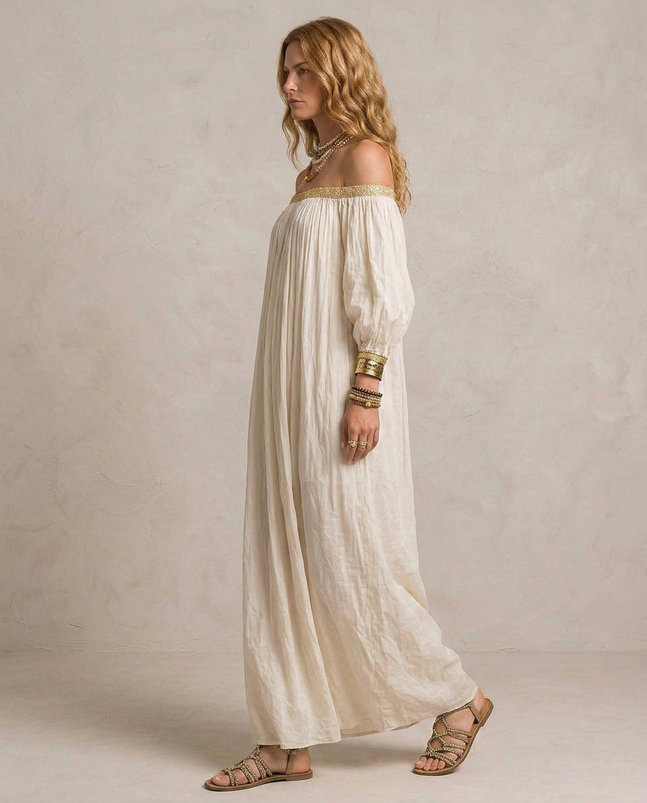 ISABELLA | Ivory Boho Plissé Maxi Dress