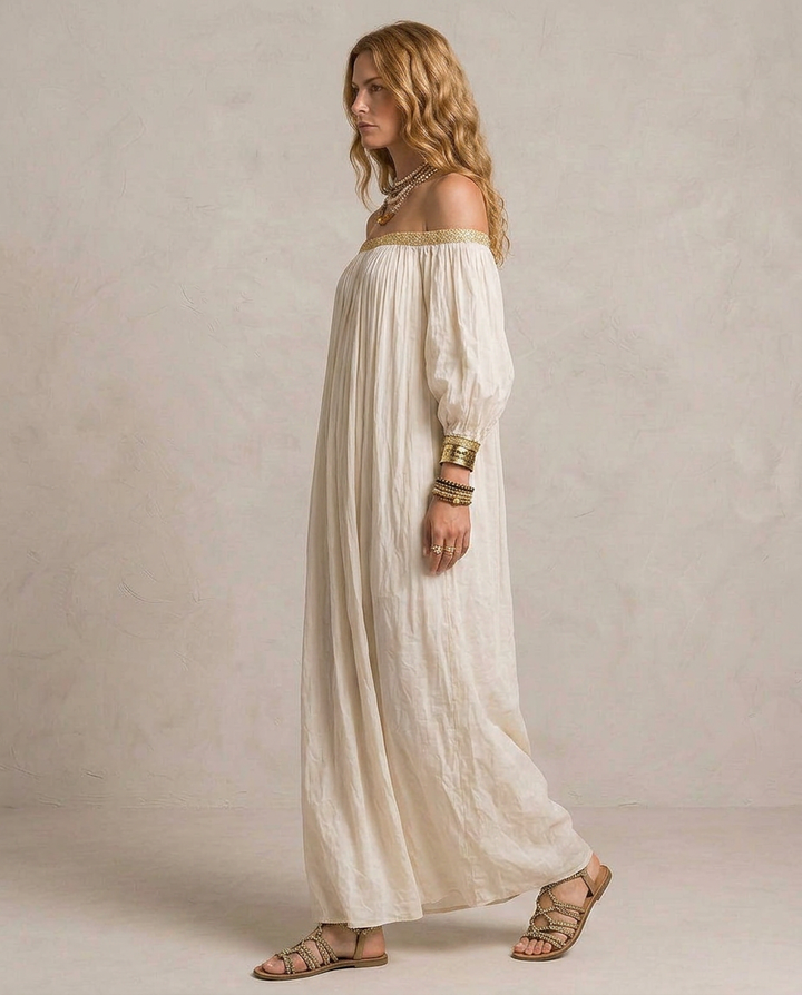 ISABELLA | Ivory Boho Plissé Maxi Dress