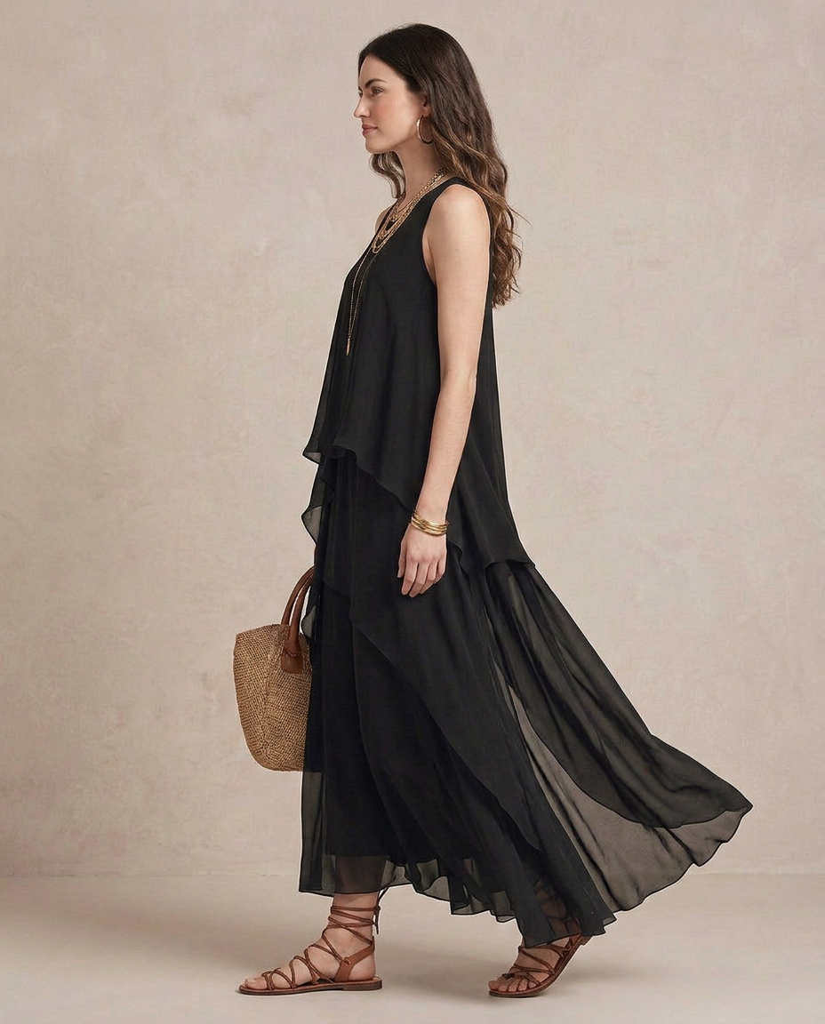 NOEMI | Maxi Boho Layered Chiffon Dress Black