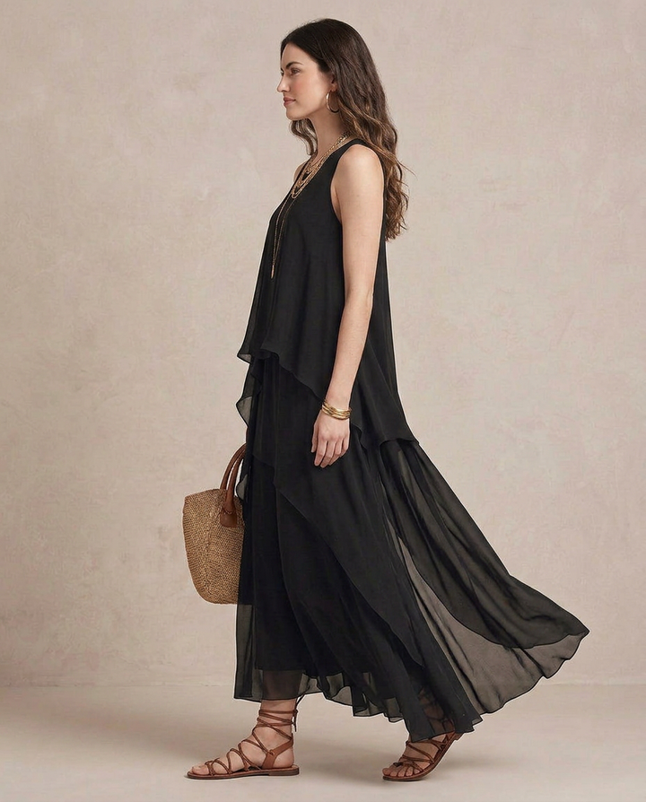 NOEMI | Maxi Boho Layered Chiffon Dress Black