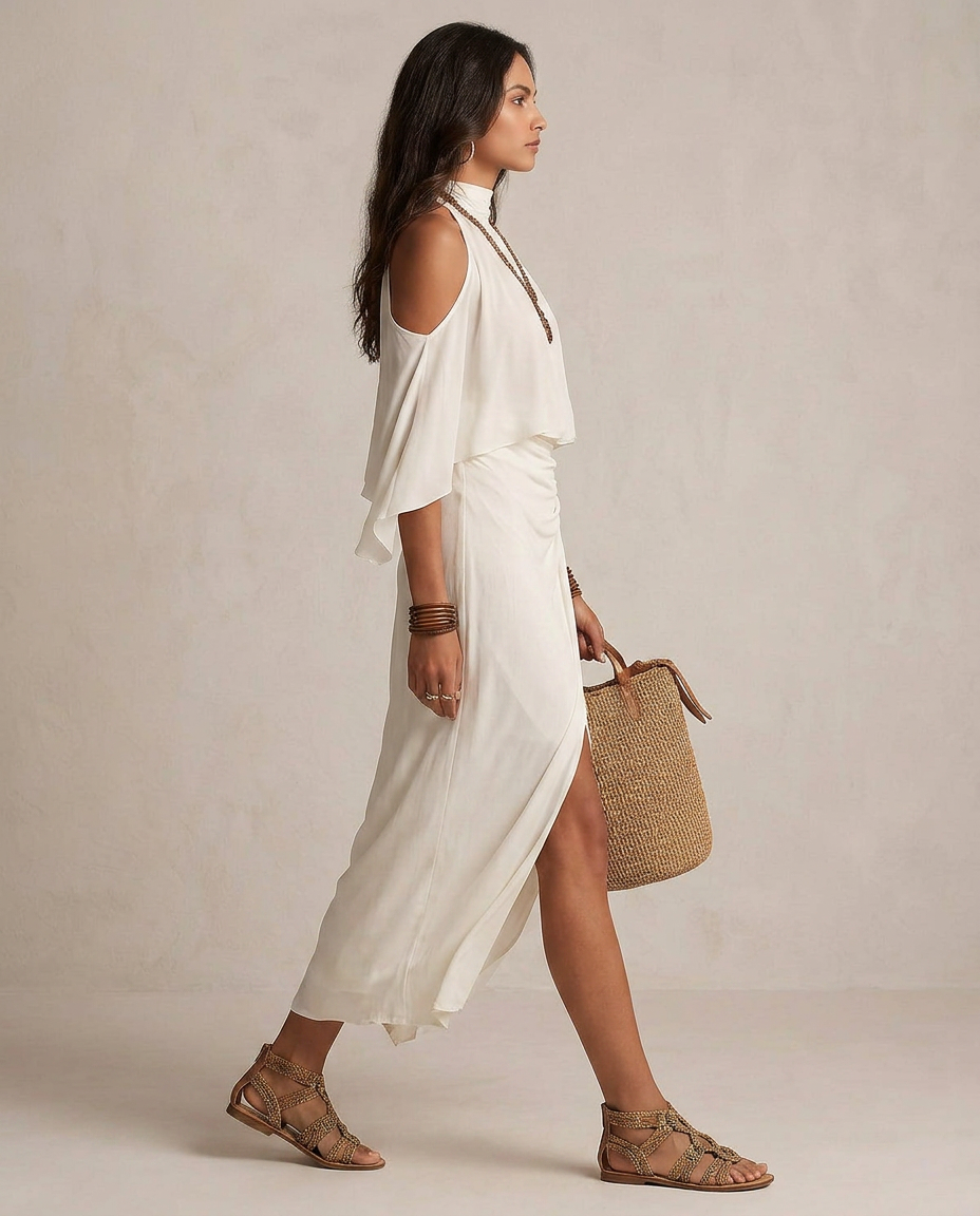 VALENTINA | Ivory Draped Halter Midi Dress