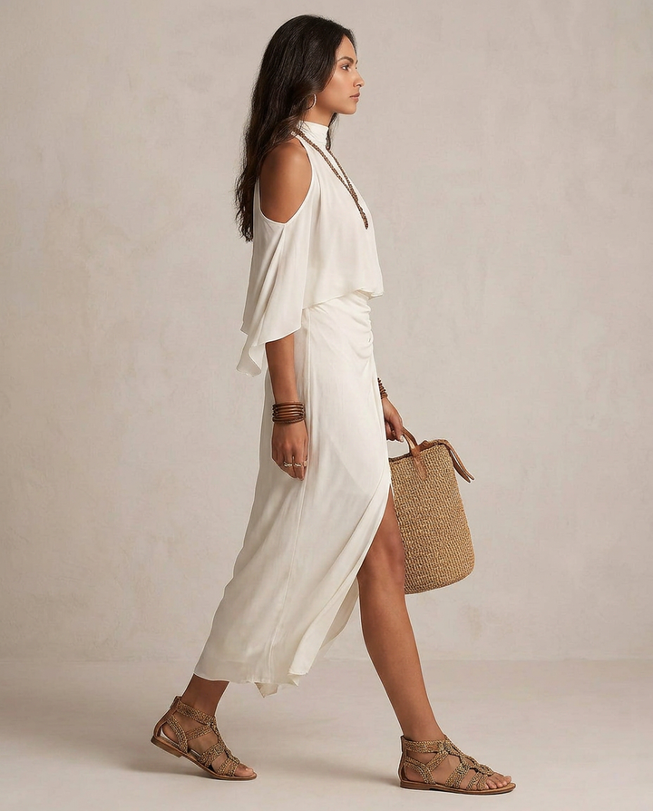 VALENTINA | Ivory Draped Halter Midi Dress