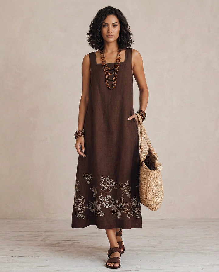 NOEMI | Midi Linen Boho Embroidered Dress