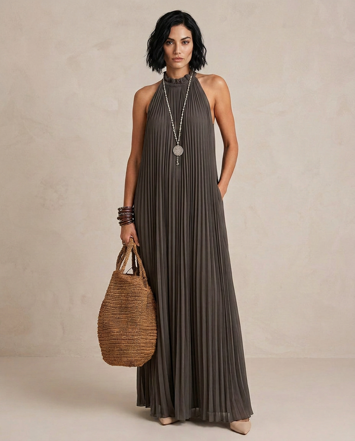 LIRA | Maxi Halter Pleated Dress Gray