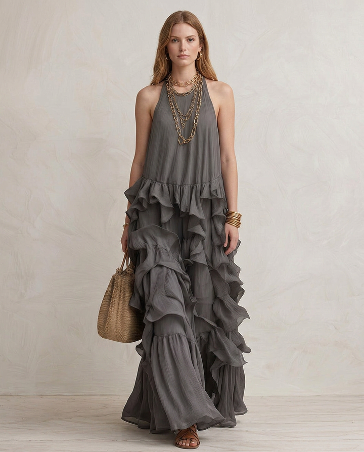 SERENA | Gray Maxi Dress with Ruffles
