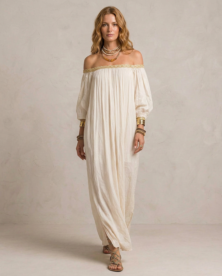 ISABELLA | Ivory Boho Plissé Maxi Dress