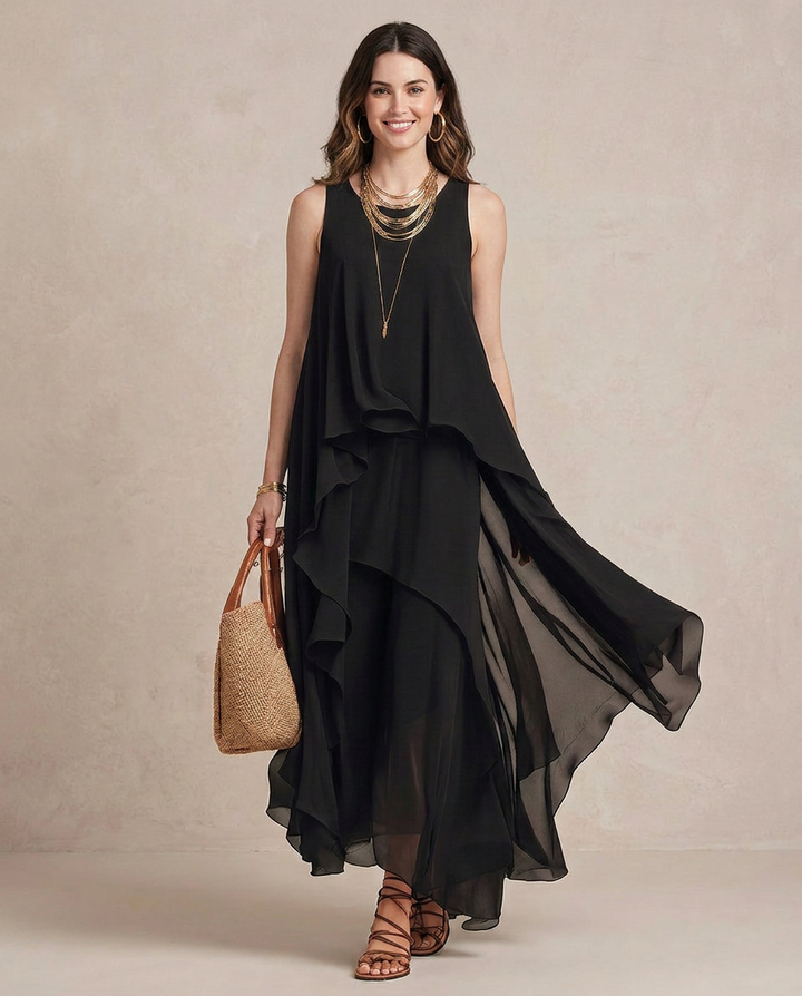 NOEMI | Maxi Boho Layered Chiffon Dress Black