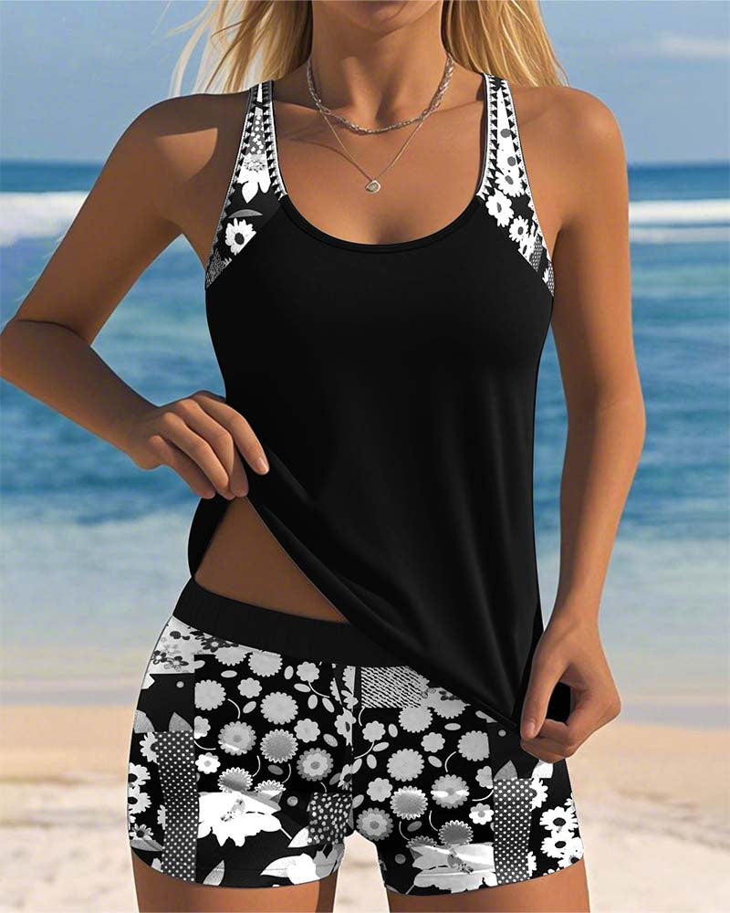 Nicole | Floral Tankini Swimsuit Set with Racerback Top and Swim Shorts