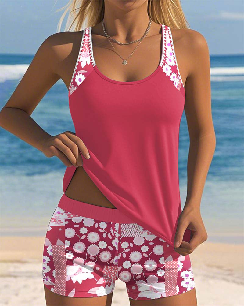 Nicole | Floral Tankini Swimsuit Set with Racerback Top and Swim Shorts